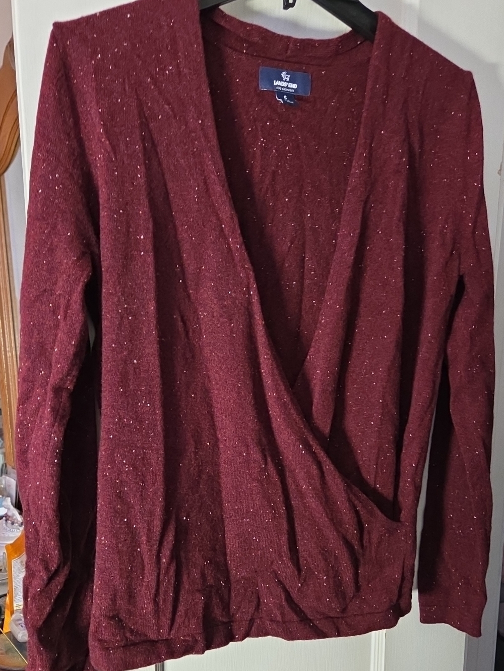 Lands' End Women's Sparkle Wrap V-Neck Sweater in Burgundy